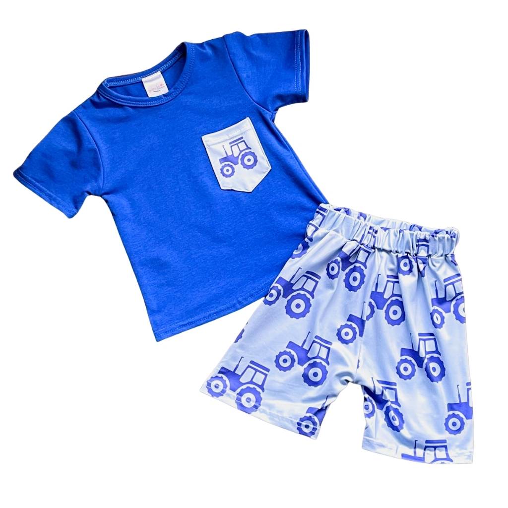 Blue tractor short-sleeve shirt and light blue shorts.