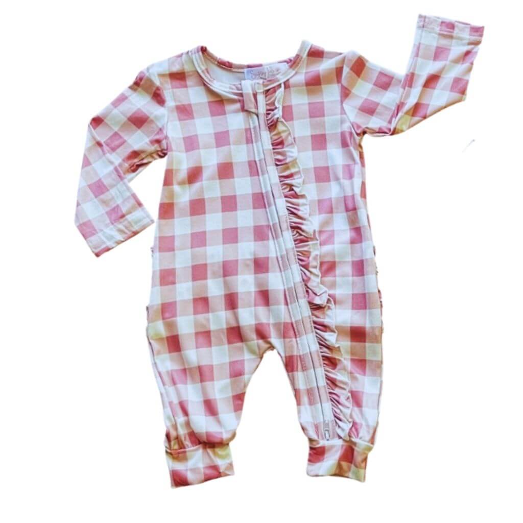 baby girl pink plaid zip up jumpsuit. Sassy Jo's Babies and Bows