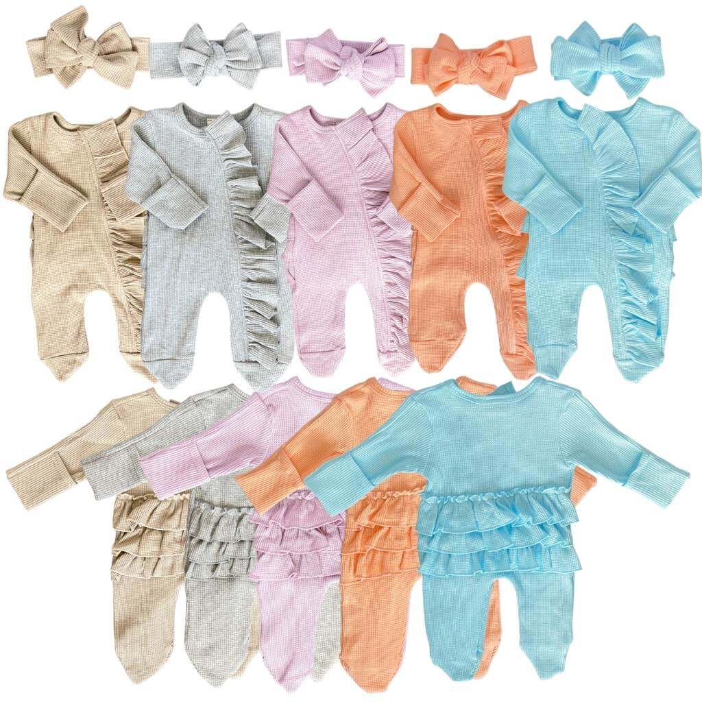 Newborn baby girl waffle knit ruffled jumpsuit with zipper and headband. Sassy Jo's Babies and Bows