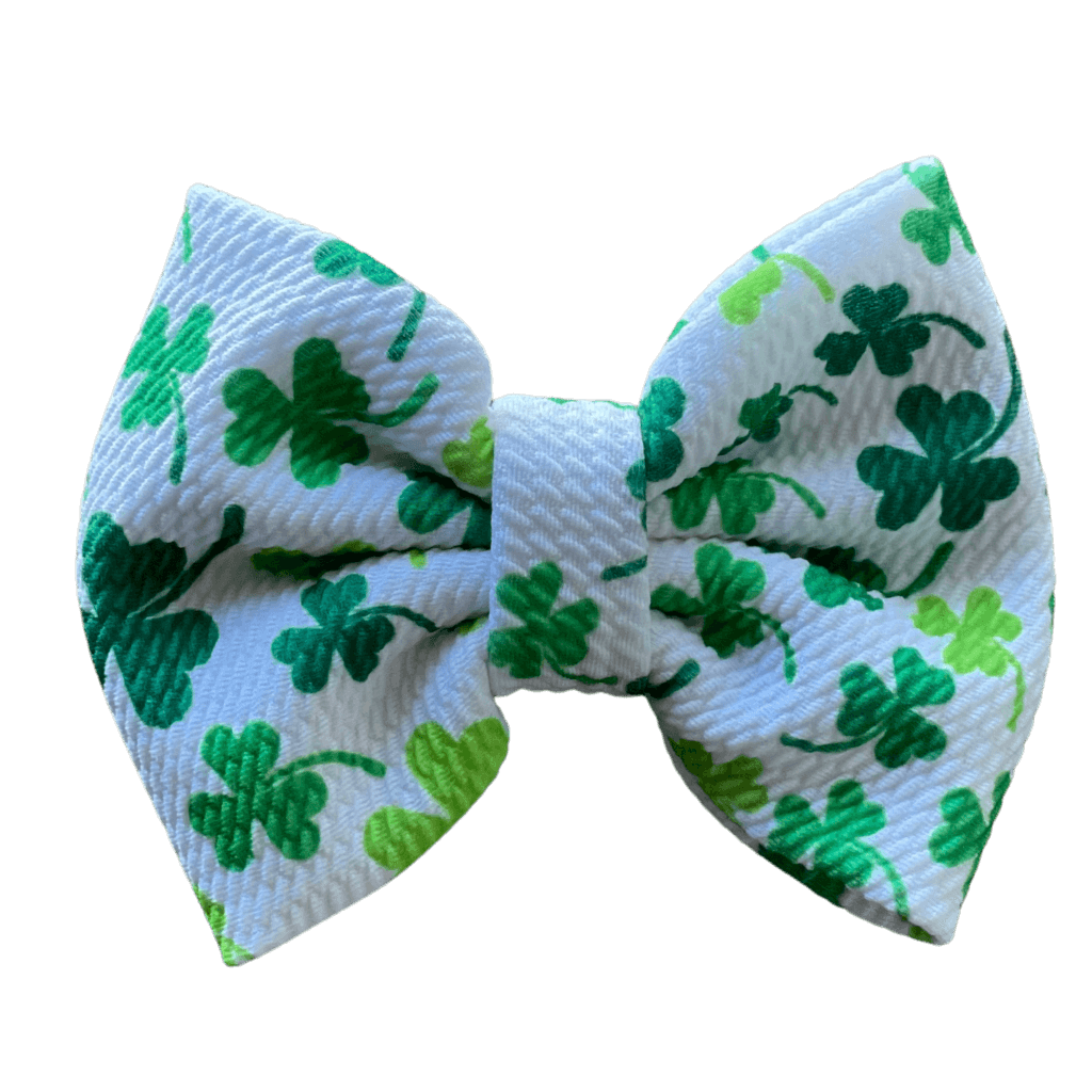 St. Patrick's Day Bullet Fabric Shamrock Print Hair Bow Clip. Sassy Jo's Babies and Bows.