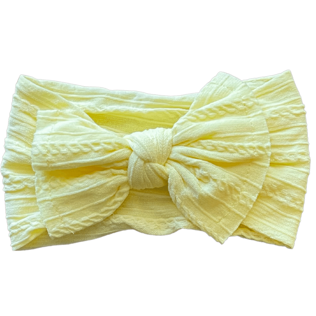 Yellow cable knit nylon baby girl headband. Sassy Jo's Babies and Bows