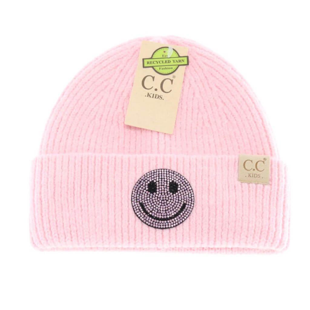 KIDS Rhinestone Smiley Face Cuff Beanie