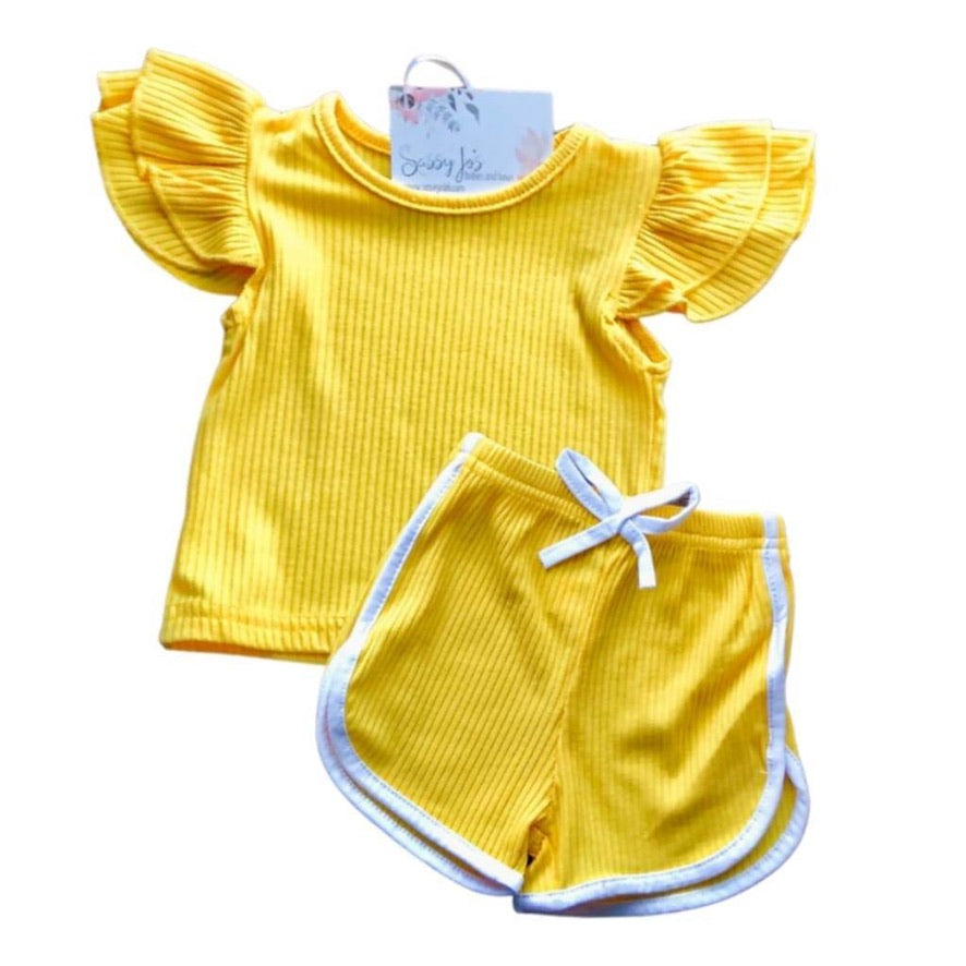 Yellow color ribbed flutter sleeve top and retro style shorts outfit. 12-18 months through 4T.