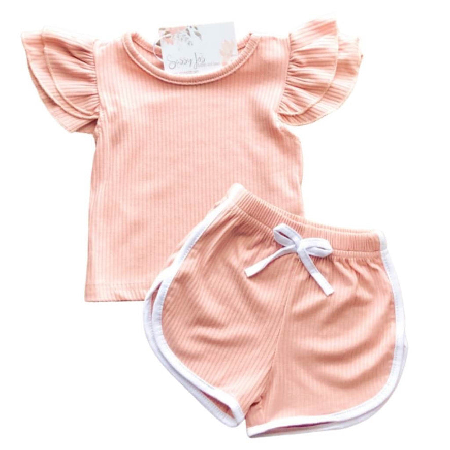 Light pink color ribbed flutter sleeve top and retro style shorts outfit. 12-18 months through 4T.