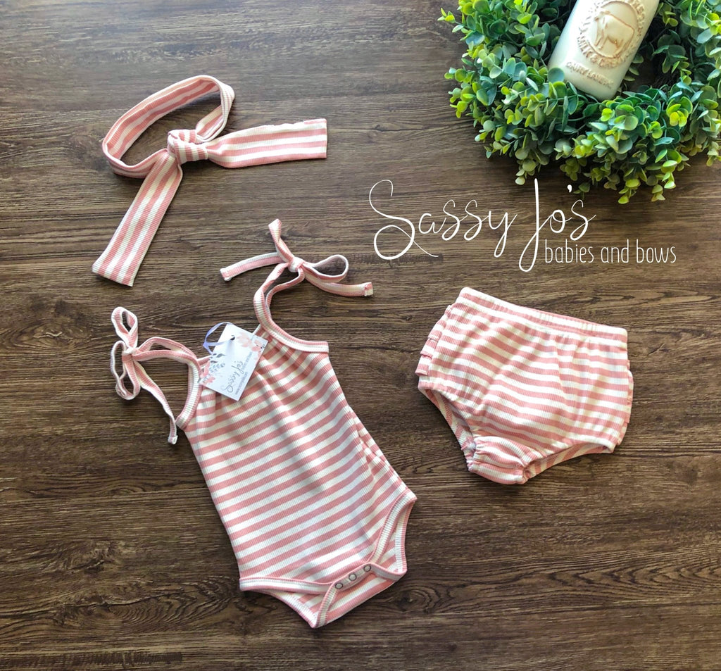 Pink and White Striped, Ribbed 3 Piece Set