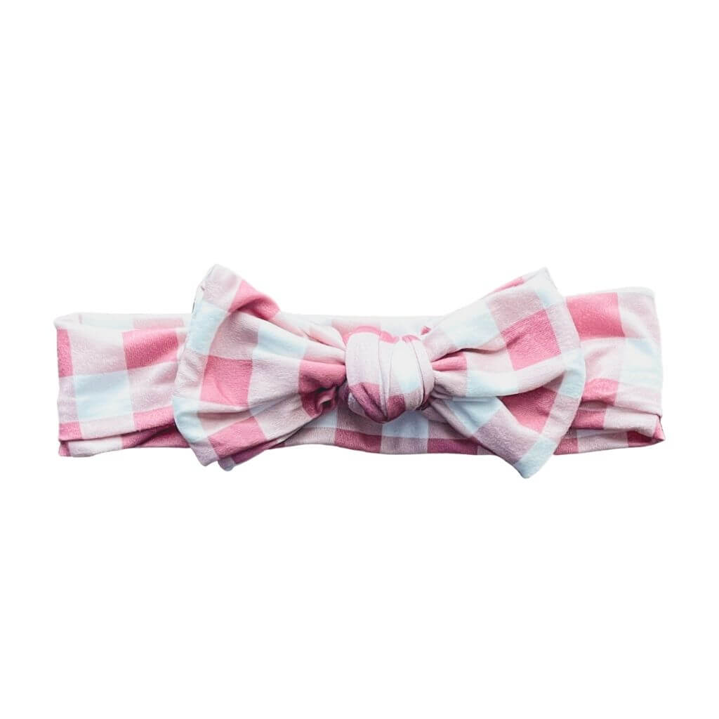 pink and white plaid milk silk newborn baby girl headband.