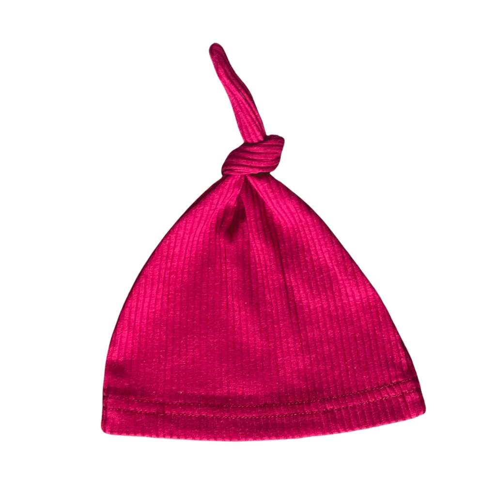 Red newborn gender neutral baby ribbed tie hats for hospital. Sassy Jo’s Babies and Bows