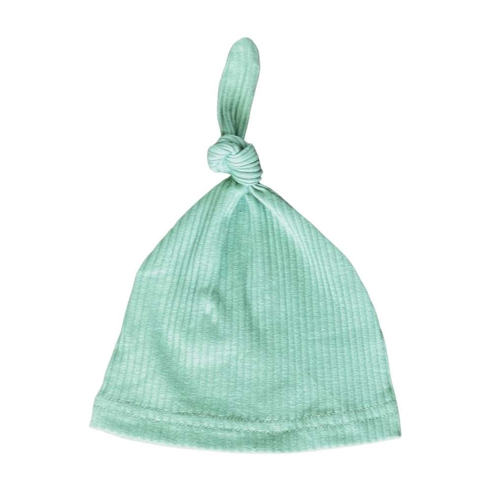 Light green newborn gender neutral baby ribbed tie hats for hospital. Sassy Jo’s Babies and Bows