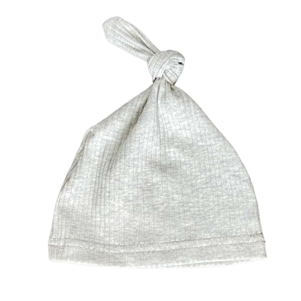 Light grey newborn gender neutral baby ribbed tie hats for hospital. Sassy Jo’s Babies and Bows