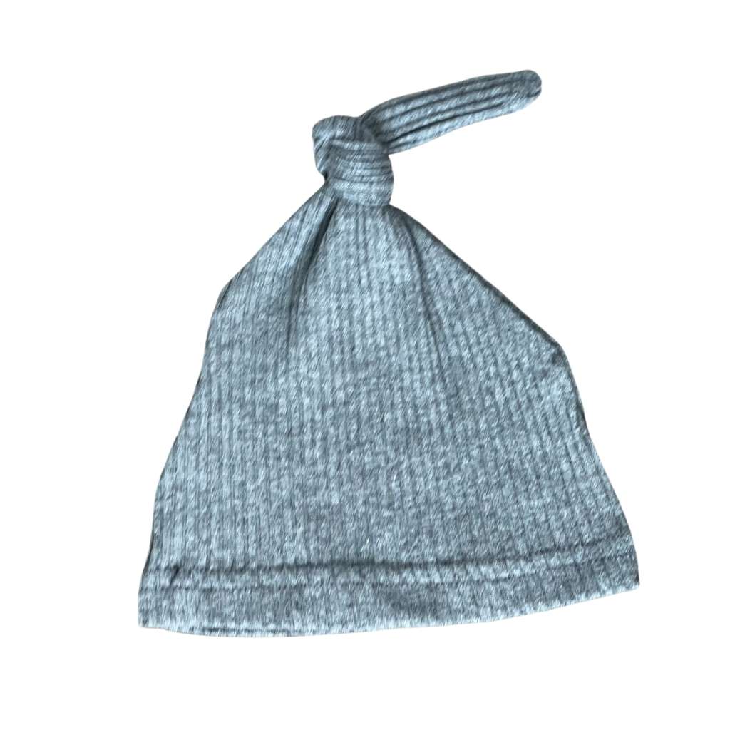 Dark grey newborn gender neutral baby ribbed tie hats for hospital. Sassy Jo’s Babies and Bows