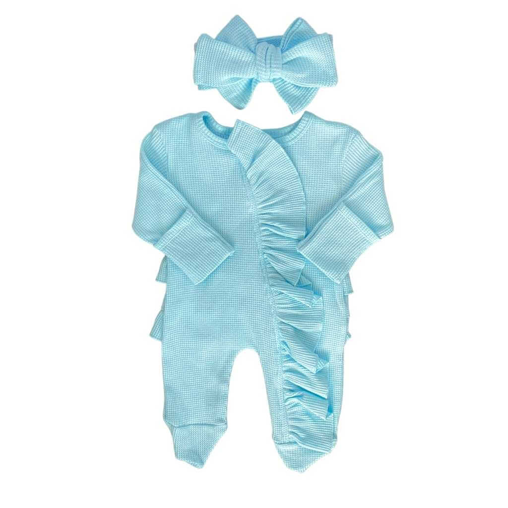 light blue baby girl ruffled zip up pajamas in thermal waffle knit fabric with headband. Sassy Jo's Babies and Bows. 