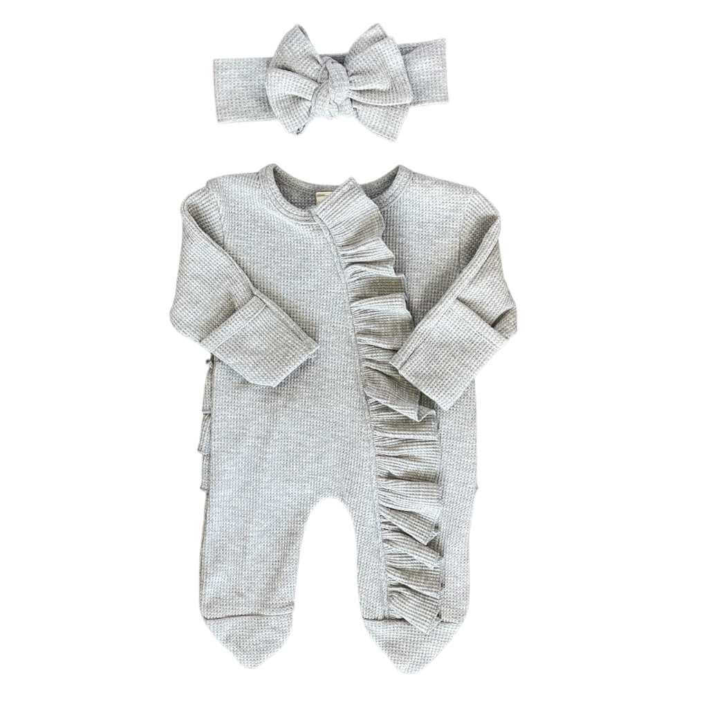 light grey baby girl ruffled zip up pajamas in thermal waffle knit fabric with headband. Sassy Jo's Babies and Bows. 