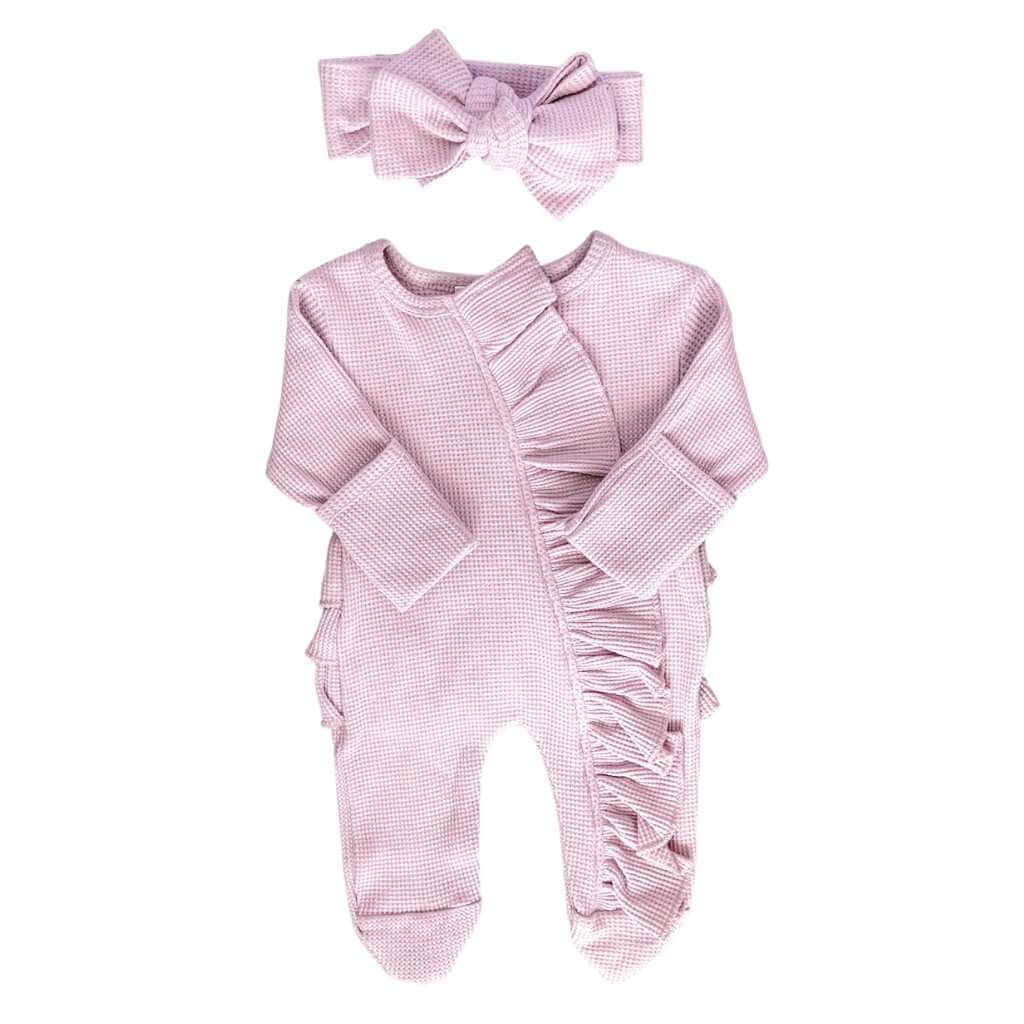 light purple ruffled zipper jumpsuit pajamas for baby girl. Sassy Jo's Babies and BoWS