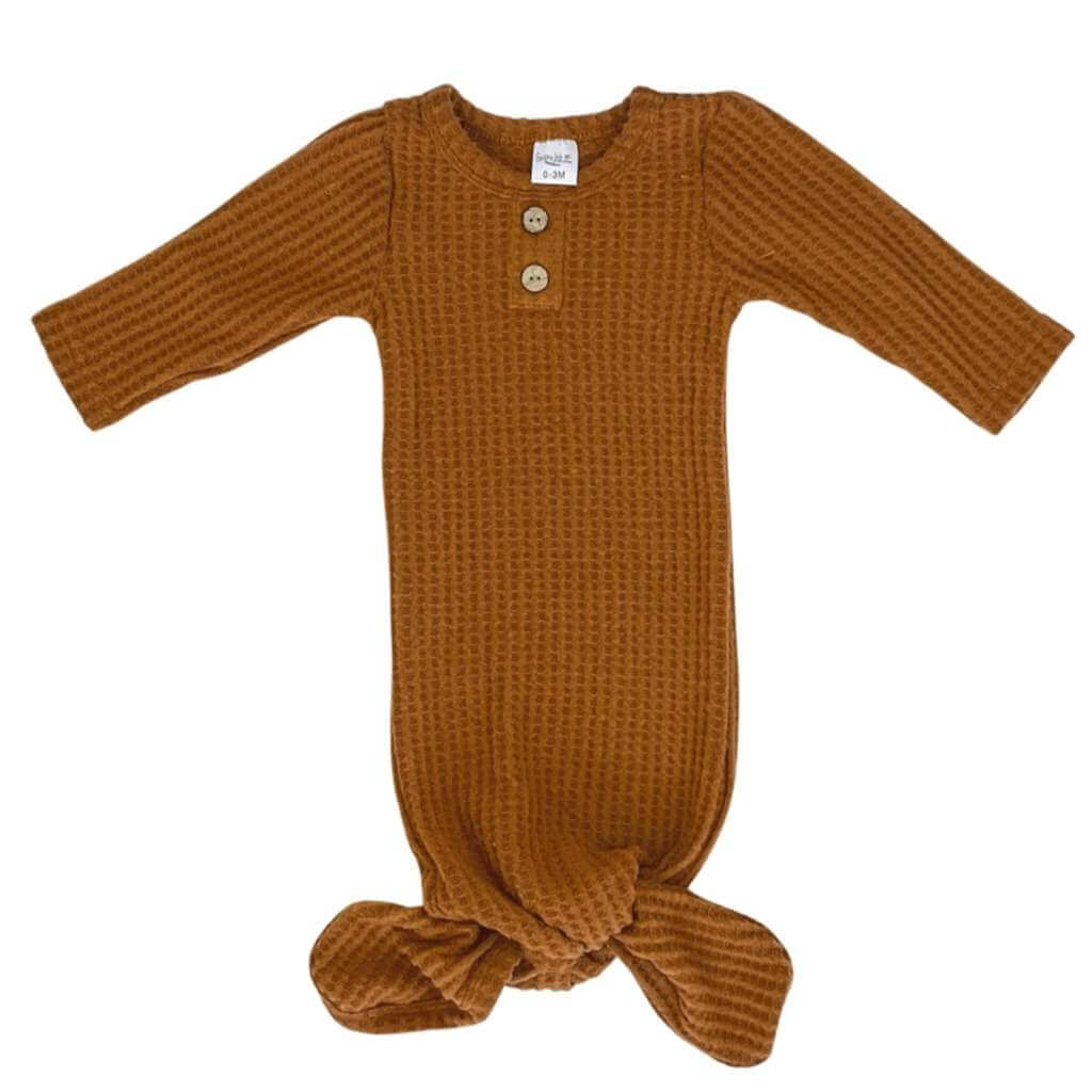 Copper newborn fall gender neutral  baby soft waffle knit knotted baby gown going home outfit. Sassy Jo's Babies and Bows.