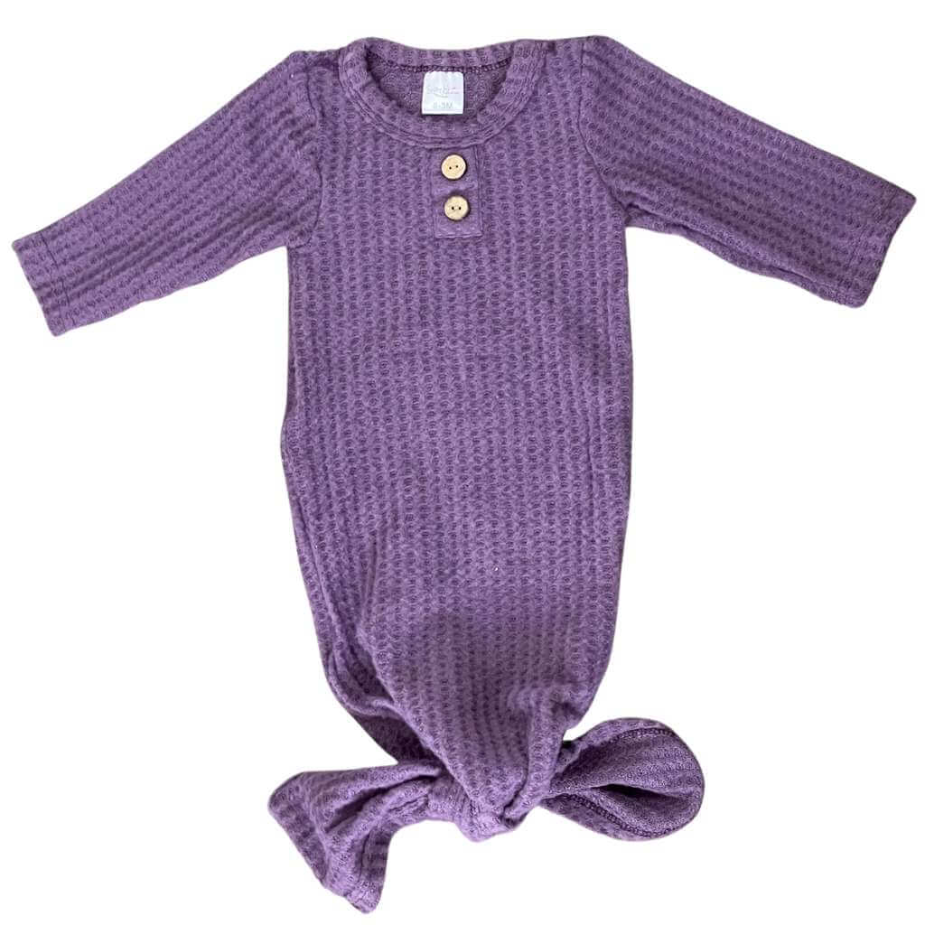 purple newborn baby girl soft waffle knit knotted baby gown going home outfit. Sassy Jo's Babies and Bows.