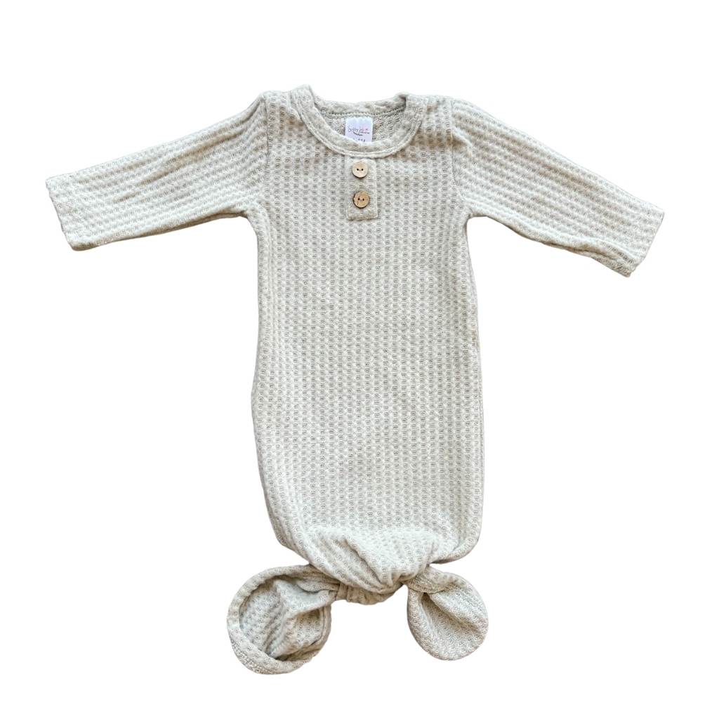 Beige newborn gender neutral  baby soft waffle knit knotted baby gown going home outfit. Sassy Jo's Babies and Bows.