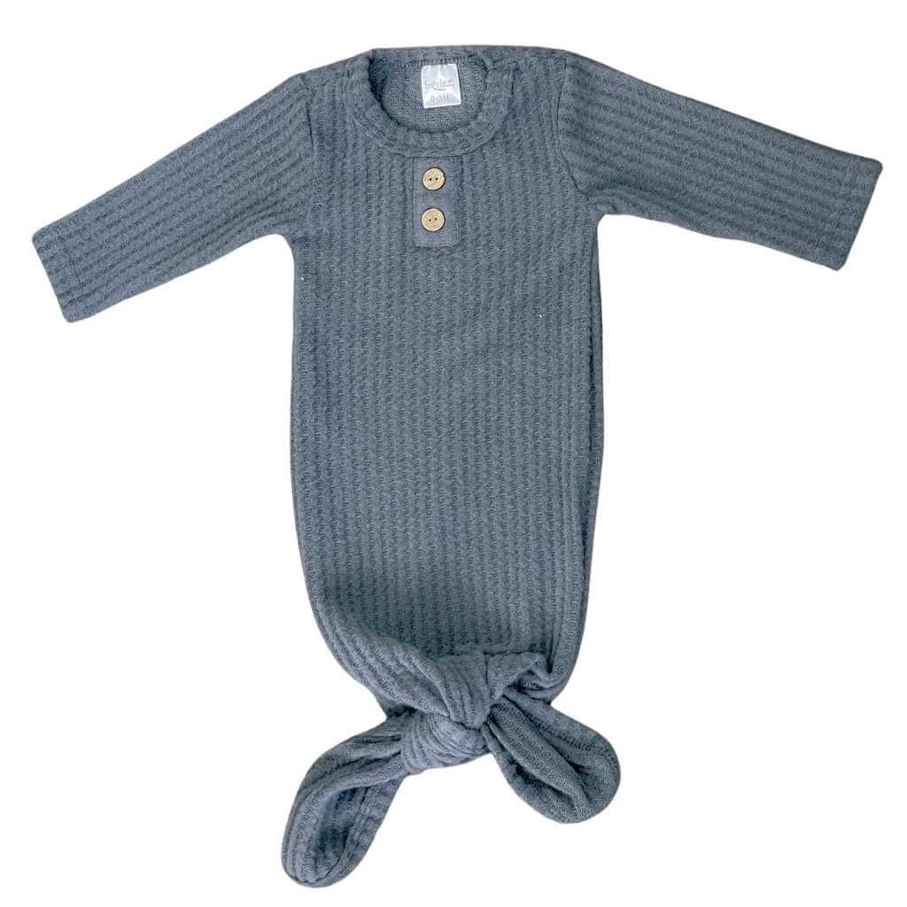 Grey Newborn gender neutral soft waffle knit knotted baby gown going home outfit. Sassy Jo's Babies and Bows.