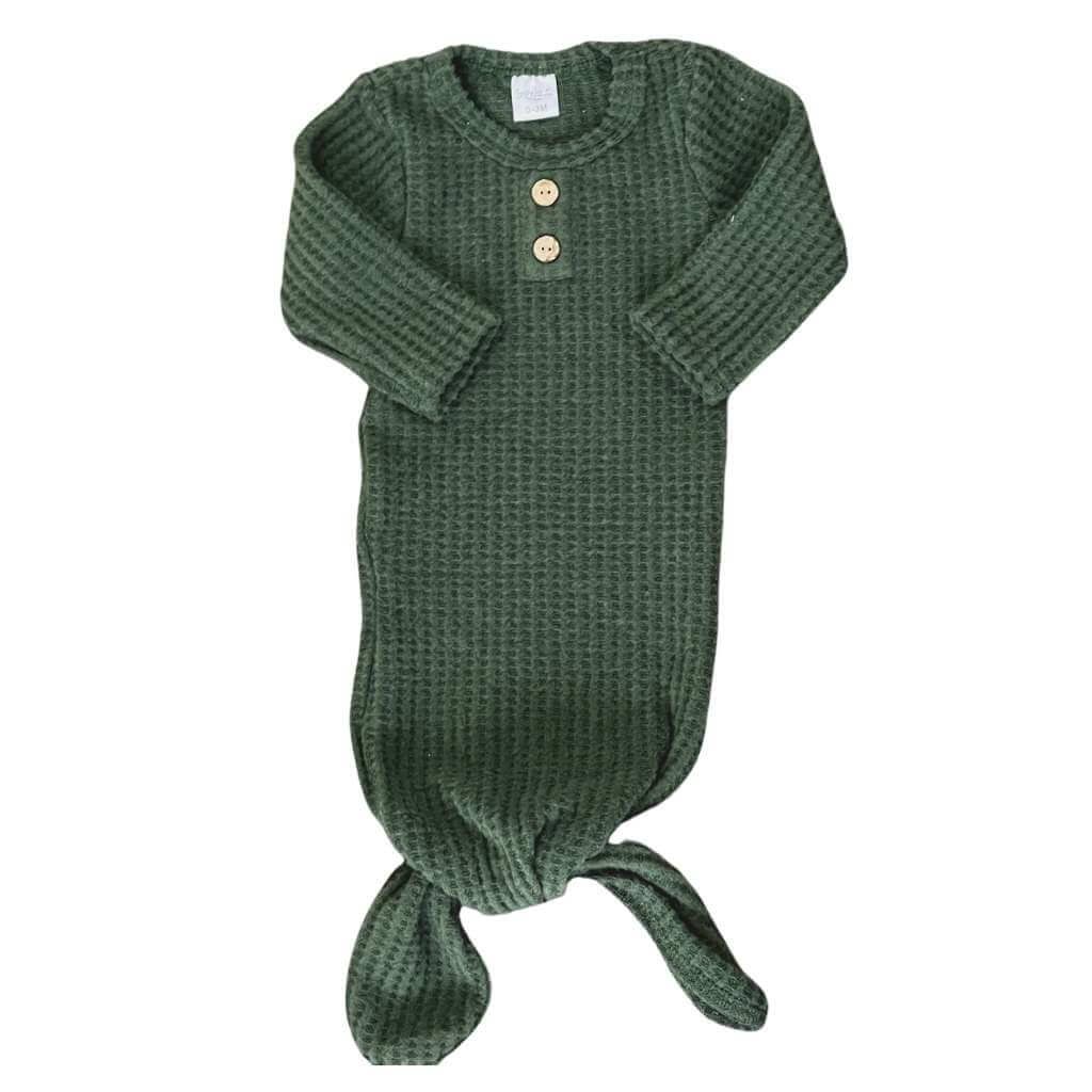 Dark green Newborn gender neutral soft waffle knit knotted baby gown going home outfit. Sassy Jo's Babies and Bows.