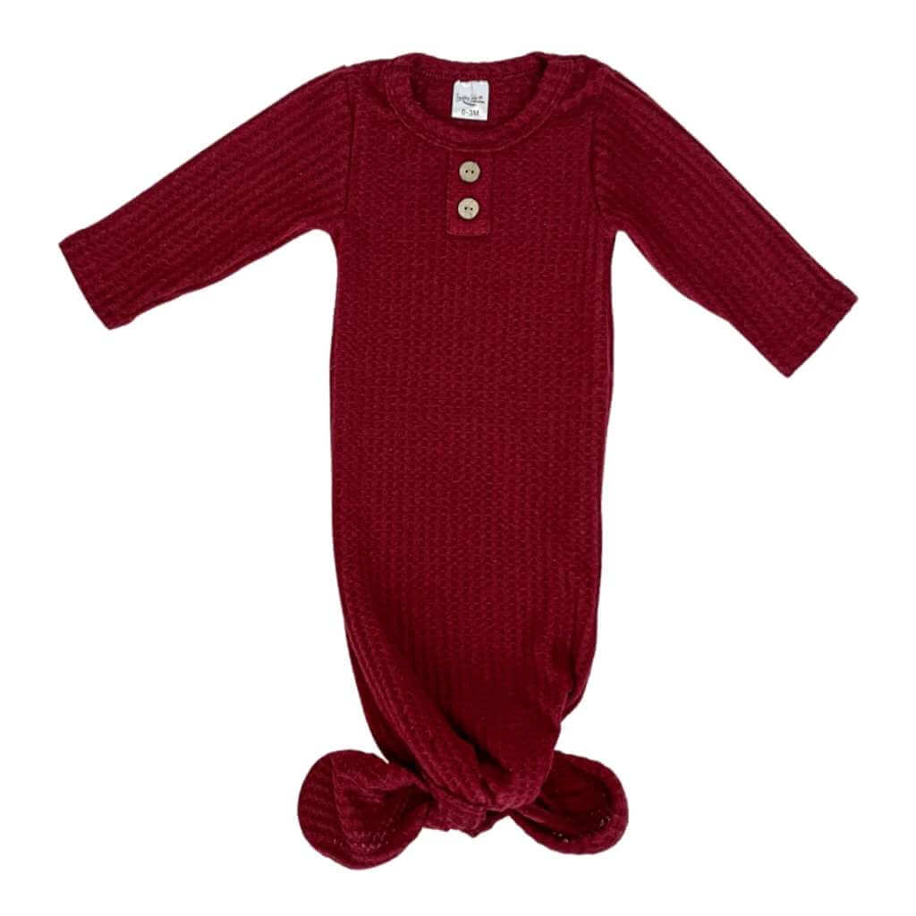 Dark red Newborn gender neutral soft waffle knit knotted baby gown going home outfit. Sassy Jo's Babies and Bows.