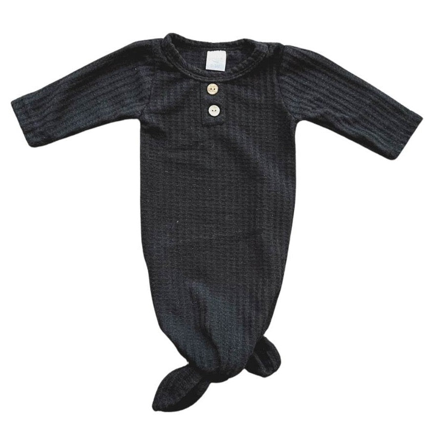 Black newborn fall gender neutral  baby soft waffle knit knotted baby gown going home outfit. Sassy Jo's Babies and Bows.