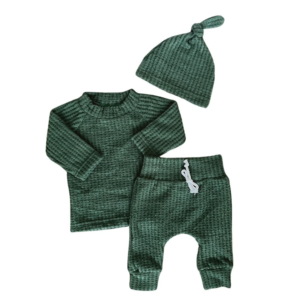 newborn baby boy hunter green waffle knit shirt, joggers, and hat outfit. Sassy Jo's Babies and Bows